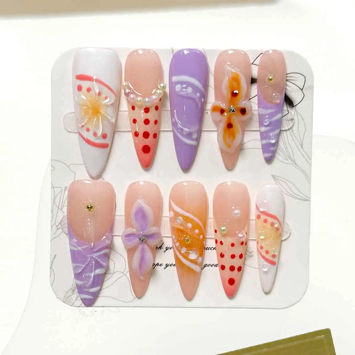 10pcs/Set Handmade Long Thin High-heeled Finger Nails ，Y2K Nails，Macaron French Hand-Painted Carved Pearl Decorated Fake Nails view 3