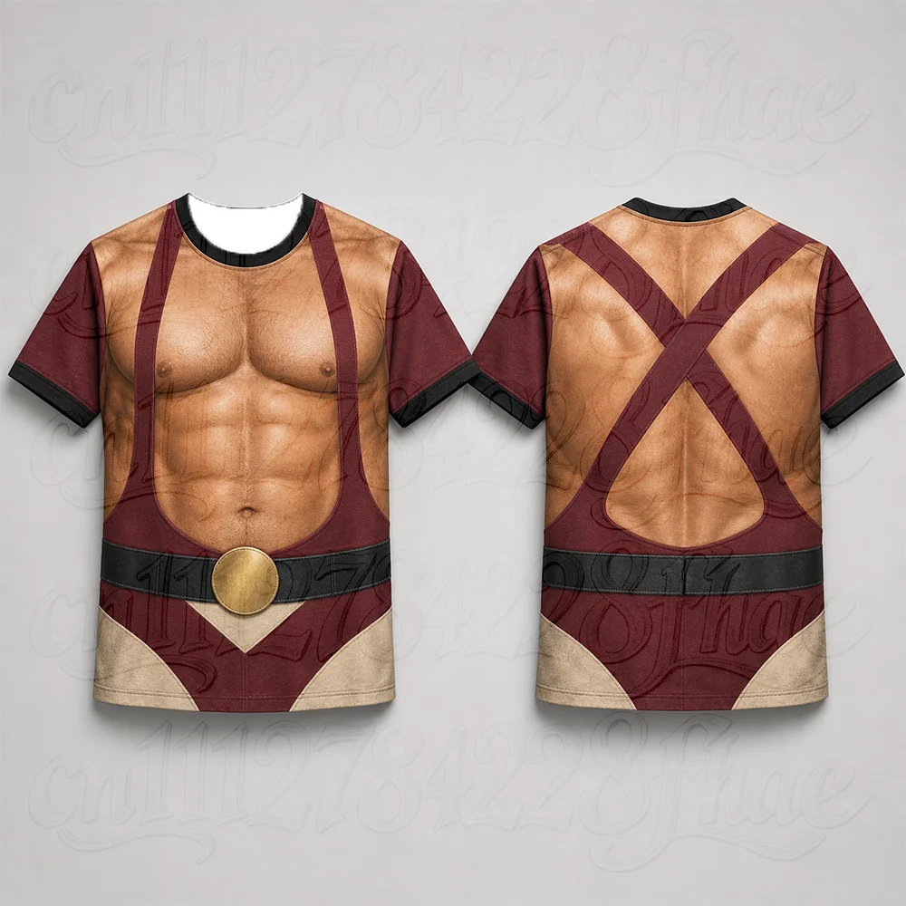 3D Hero Fighter Muscle Armor Print Tee Parent-Child Halloween Cosplay Party Short Sleeve Crewneck T-Shirt Futuristic Streetwear