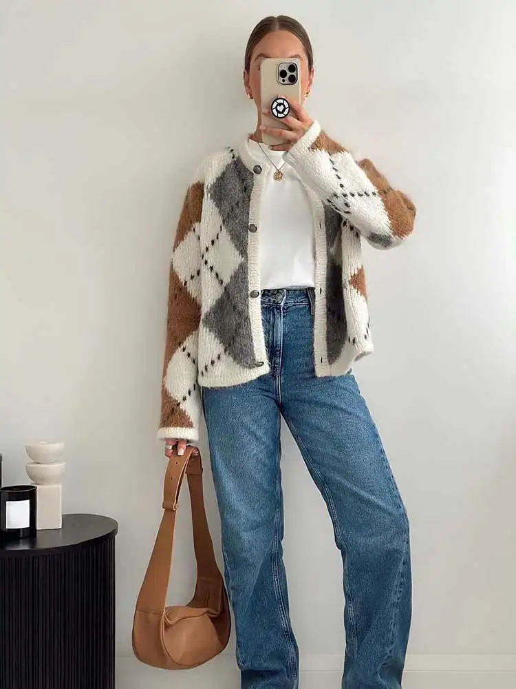 Diamond Check Cardigan For Women Long Sleeve O Neck Ladies Knitted Casual  Coat 2024 Autumn Winter Festival Loose Thin Sweater