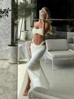 Ruched Bandeau Swimsuit Strapless 3 Piece White Bubble Bikini Sets White High-Cut Maxi Skirt Swimswear Luxury Beach Outfit K264 - Image 6
