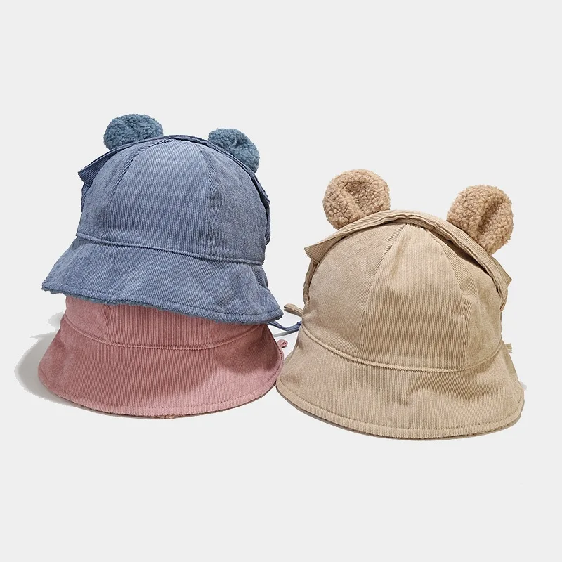 Autumn and Winter New Corduroy Bear Ear Cap Lace-up Fisherman Hat Removable Thick Warm Sun Hat Women's Bucket Hat