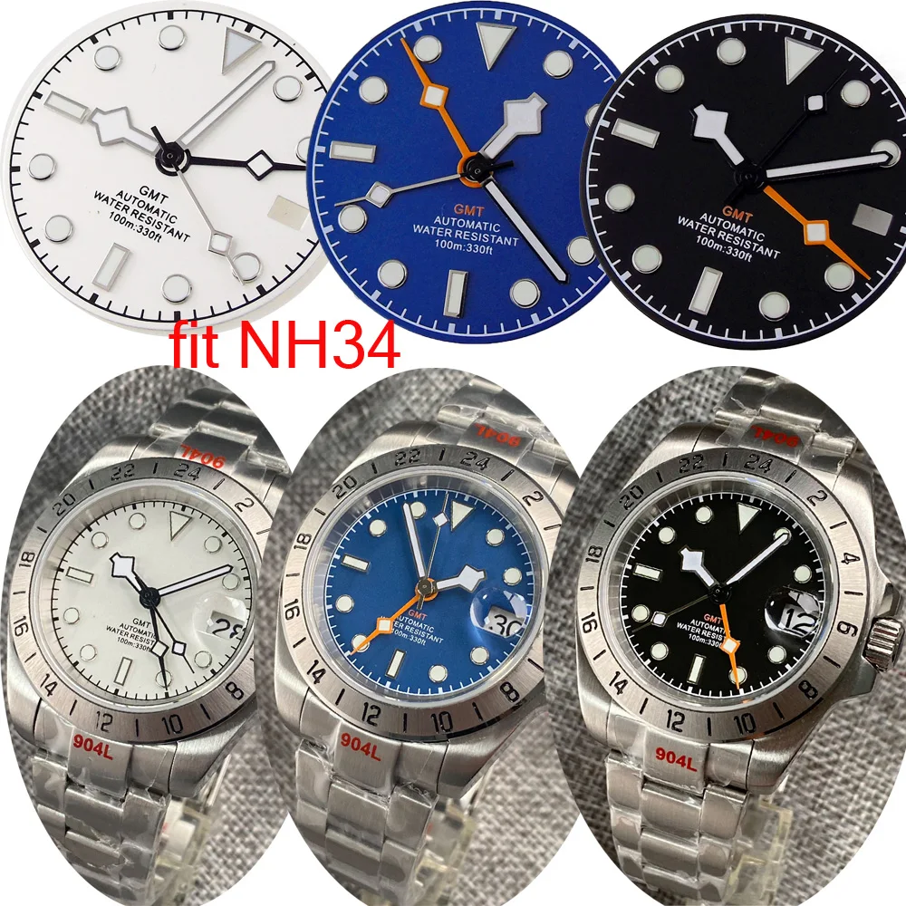 

3/3.8 clock Nologo NH34 Watch Dial 29mm White Blue Black Plate Steel Part for NH34 GMT Watch Mod Snow Flake Hand Green Luminous