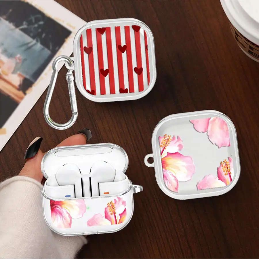 Minimalist Flowers Case For Redmi Galaxy Buds 8Active 8 Lite 5 7 6 Pro 6Active Clear Earphone Cases Cover With Hook