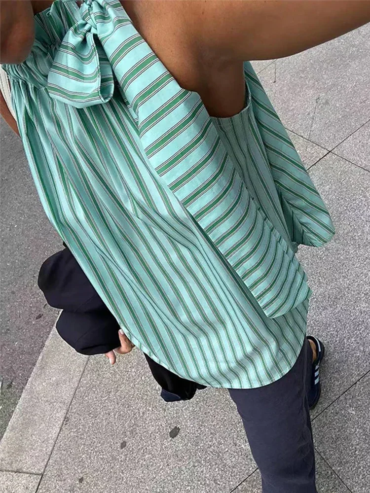 

Fashion Striped Bow Lace Up Women T-shirts Causal Sleeveless Stand Collar Pleated Female Tops 2024 Spring Summer Elegant Blouses