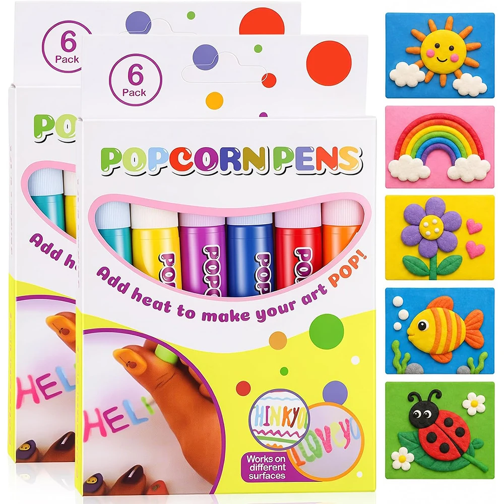 1-6 Boxes Popcorn Pens 3D Puffy Bubble Drawing Pen Kids DIY Craft Color Pen for Making Birthday Cards & School Drawing Projects