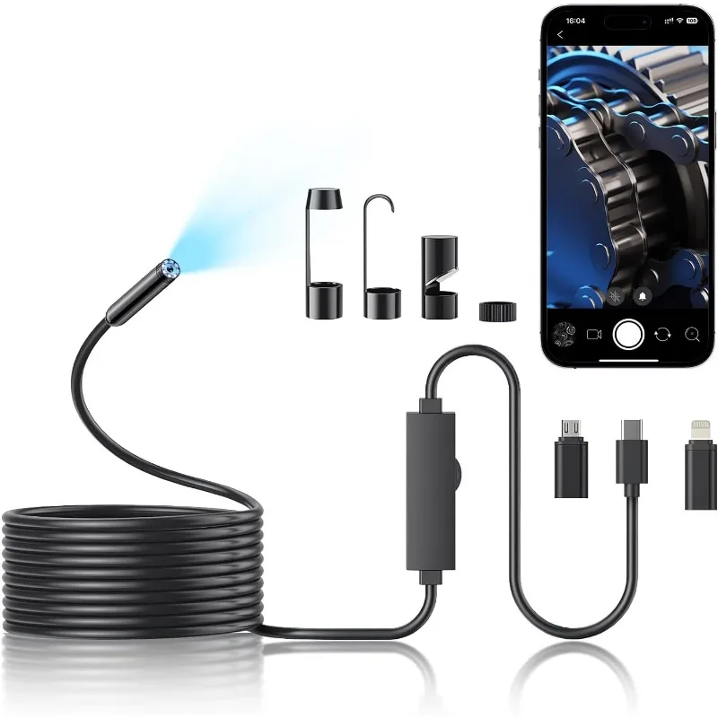 1920P HD Single-Lens Endoscope, IP67 Waterproof 8mm Borescope with 8 Adjustable LED, 5M Rigid Snake Cable for IOS Android