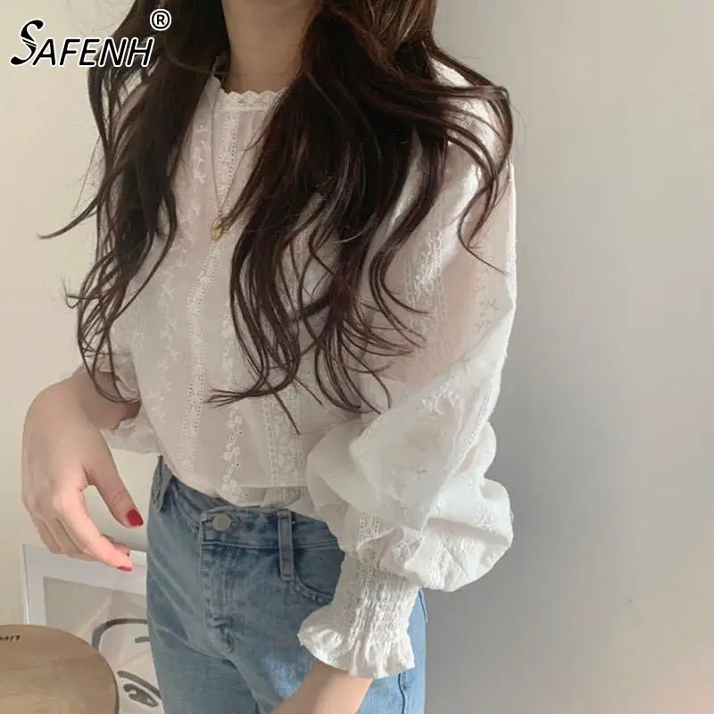 O Neck Lace White Floral Print Vintage Elegant Women Blouses Lantern SleevesCasual Sweet Korean Style Femme Tops Modis