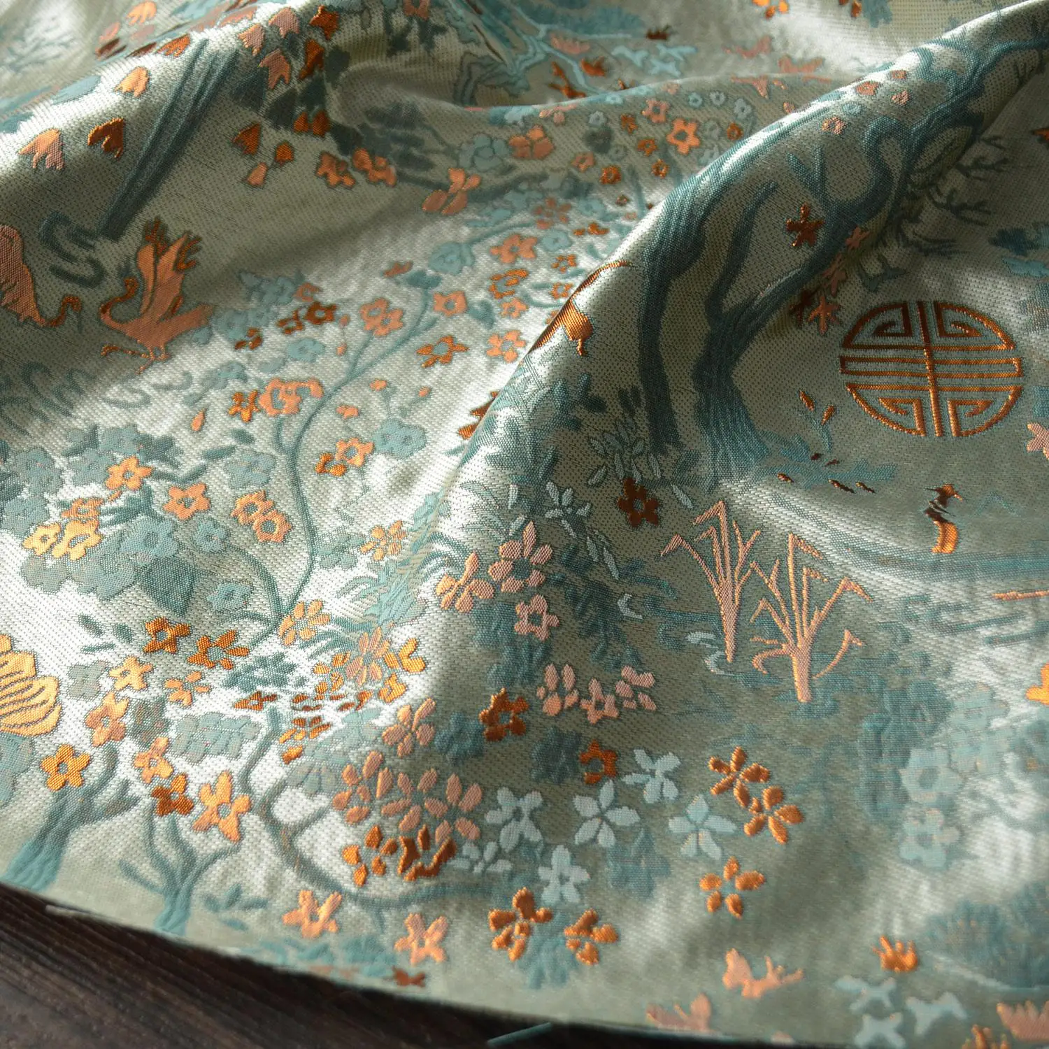 

Light Cyan Satin Jacquard Fabric for New Chinese Palace Style Children's Women's Vest New Year Clothing Cloth By The Meter