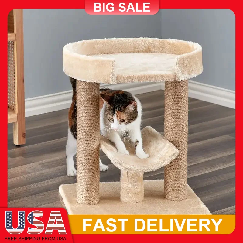 

Beige Cat Scratching Post with Perch Small Cats Tree 21 Inch Tall Dual Scratching Posts No Tools Assembly Compact for Space
