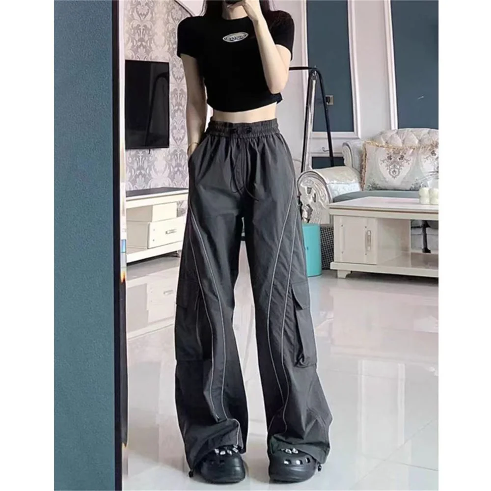 Gray High Waist Cargo Pants Elastic Waist Contrast Stitching Wide Leg Trousers Multi Pocket Loose Baggy Street Casual Y2K Pants