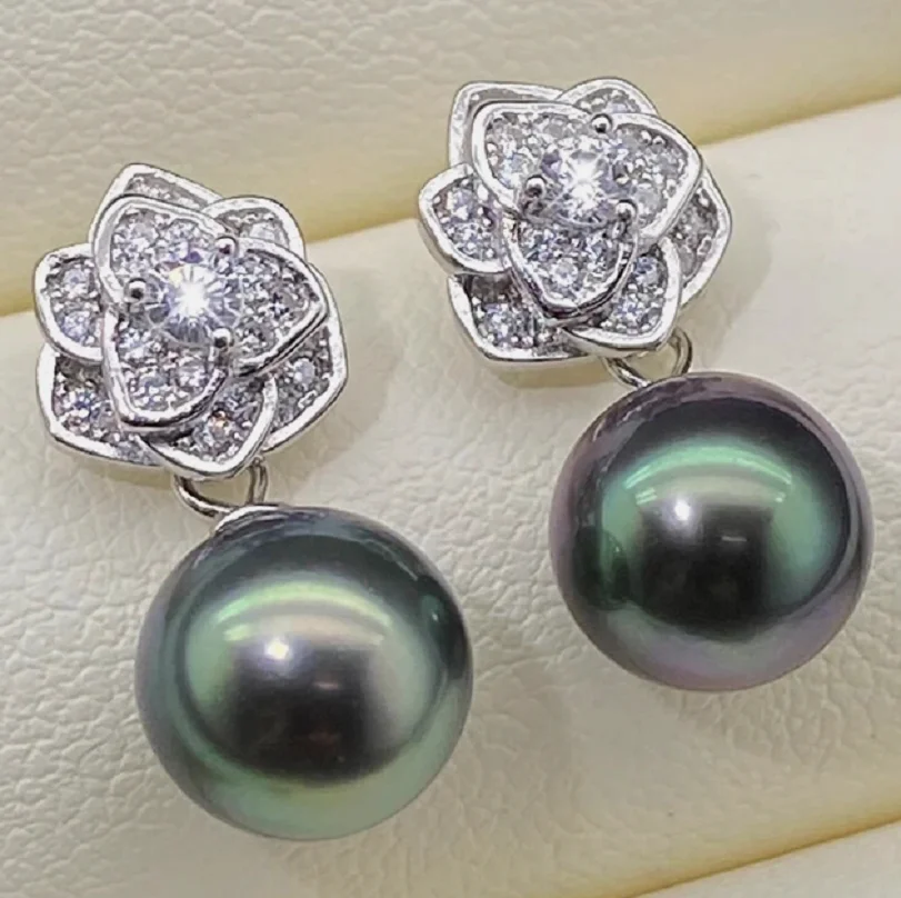 Великолепные ОГРОМНЫЕ серьги AAAA 10-11 мм с круглым черным и зеленым жемчугом Южного моря 925-х годов Великолепные ОГРОМНЫЕ серьги AAAA 10-11 мм с круглым черным и зеленым жемчугом Южного моря 925-х годов