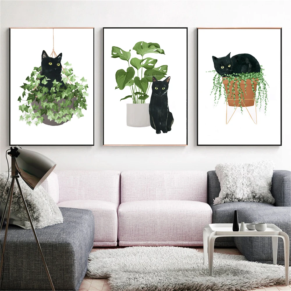 

Black Cat Wall Art Poster Cat and Plant Poster Watercolor Cat Print Black Cat Lover Botanical Art For Living Room Bedroom Decor