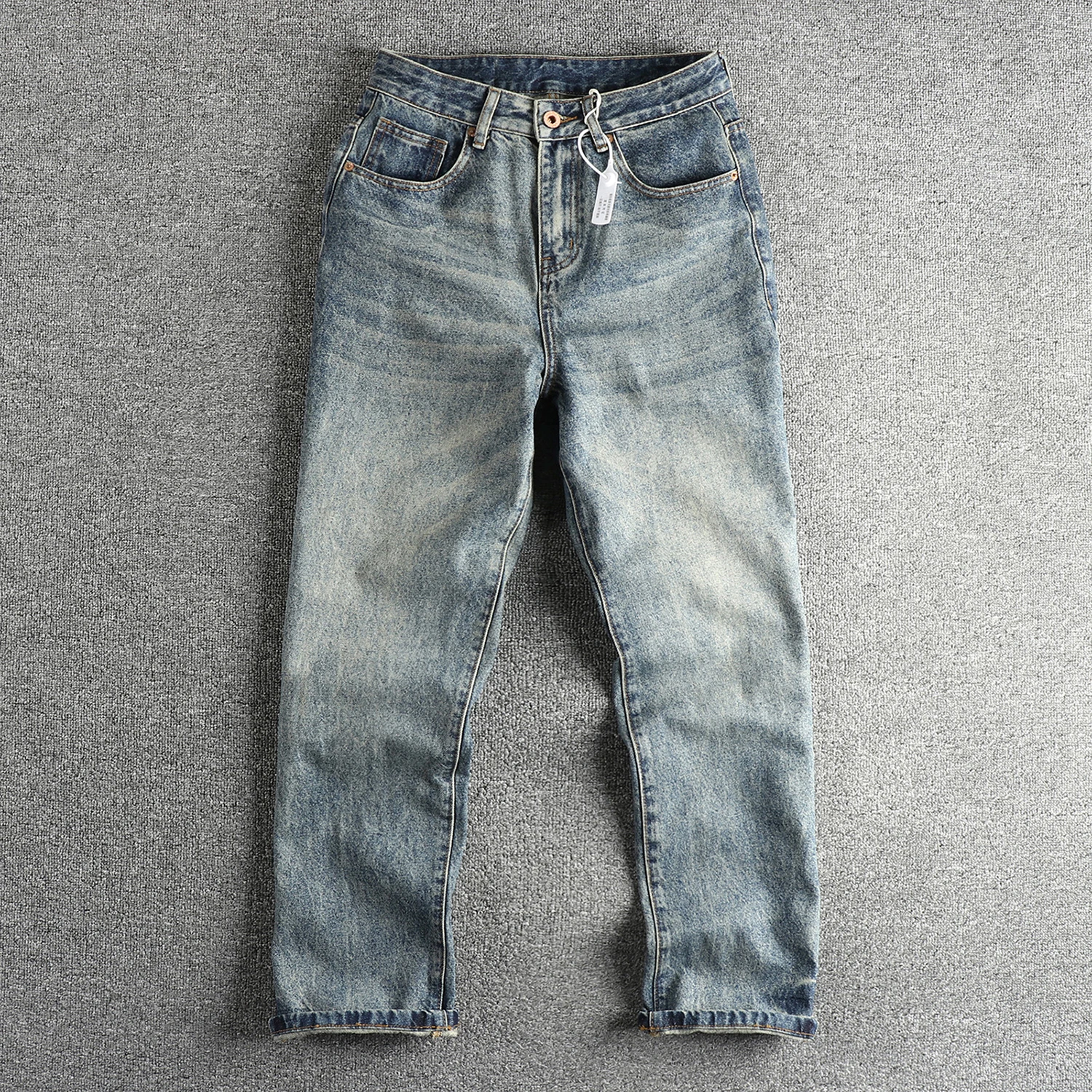 

Men's Loose Straight Leg Vintage Blue Jeans American High Street Retro Heavy Washed Distressed Denim Pants Versatile Casual Fall