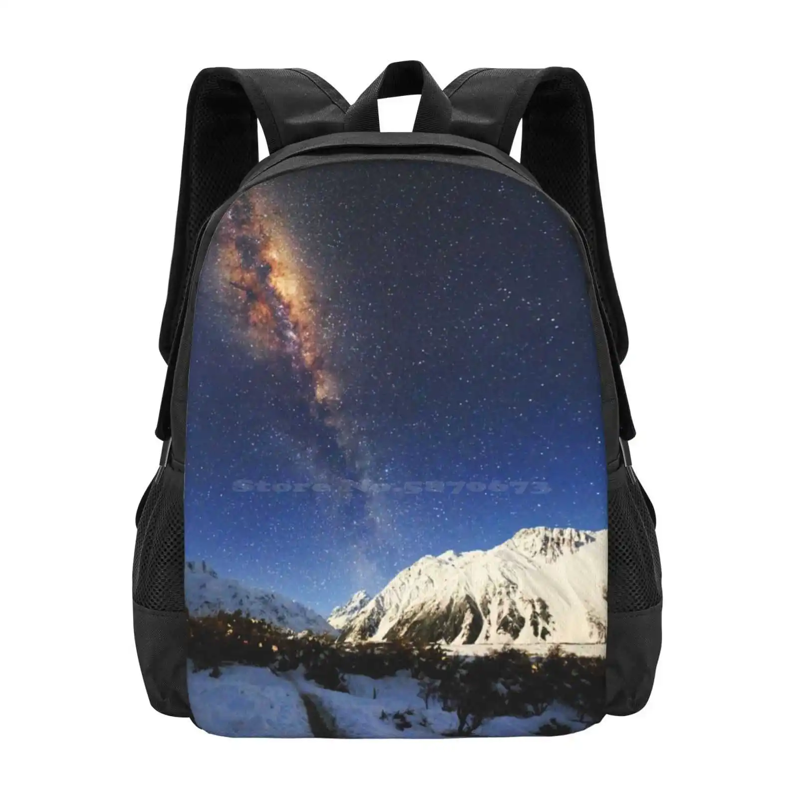 Milky Way Over Mt Cook New Zealand New Arrivals Unisex Bags Student Bag Backpack New Zealand Mount Cook Milky Way Snow Capped