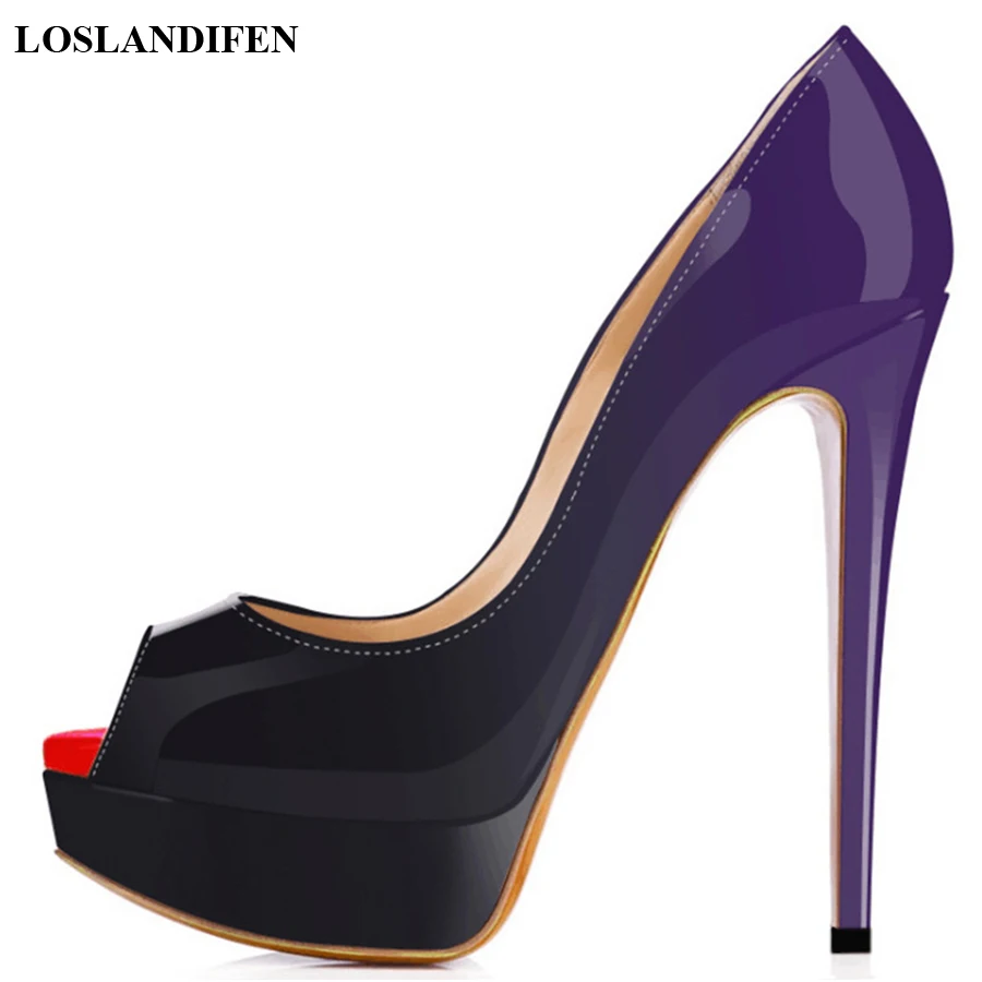

LOSLANDIFEN New 14CM Super High Heels Platform Women Pumps Sexy Peep Toe Gradient Patent Leather Party Red Wedding Shoes Shallow