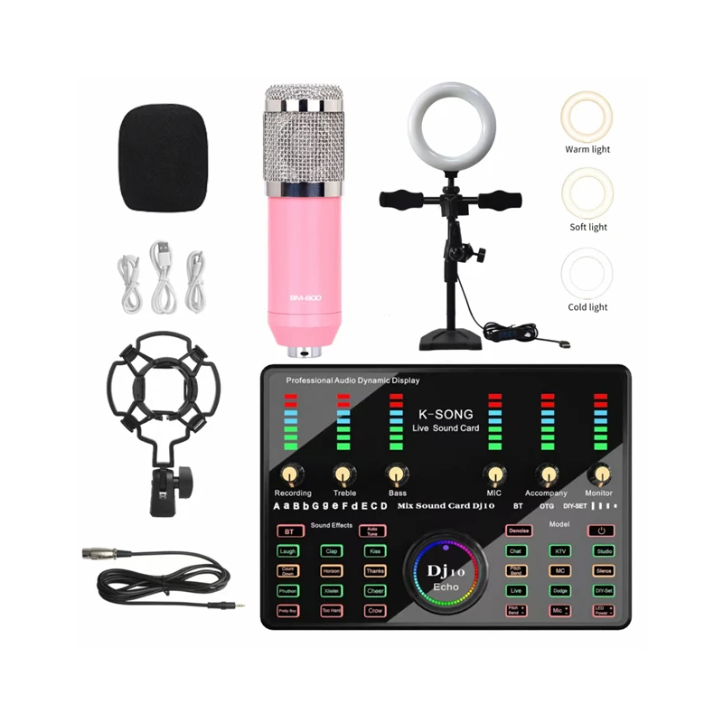 Bm800 Set mikrofon kondensor BM800, kartu suara lagu DJ10 K rekaman eksternal dengan meja LED lampu isi