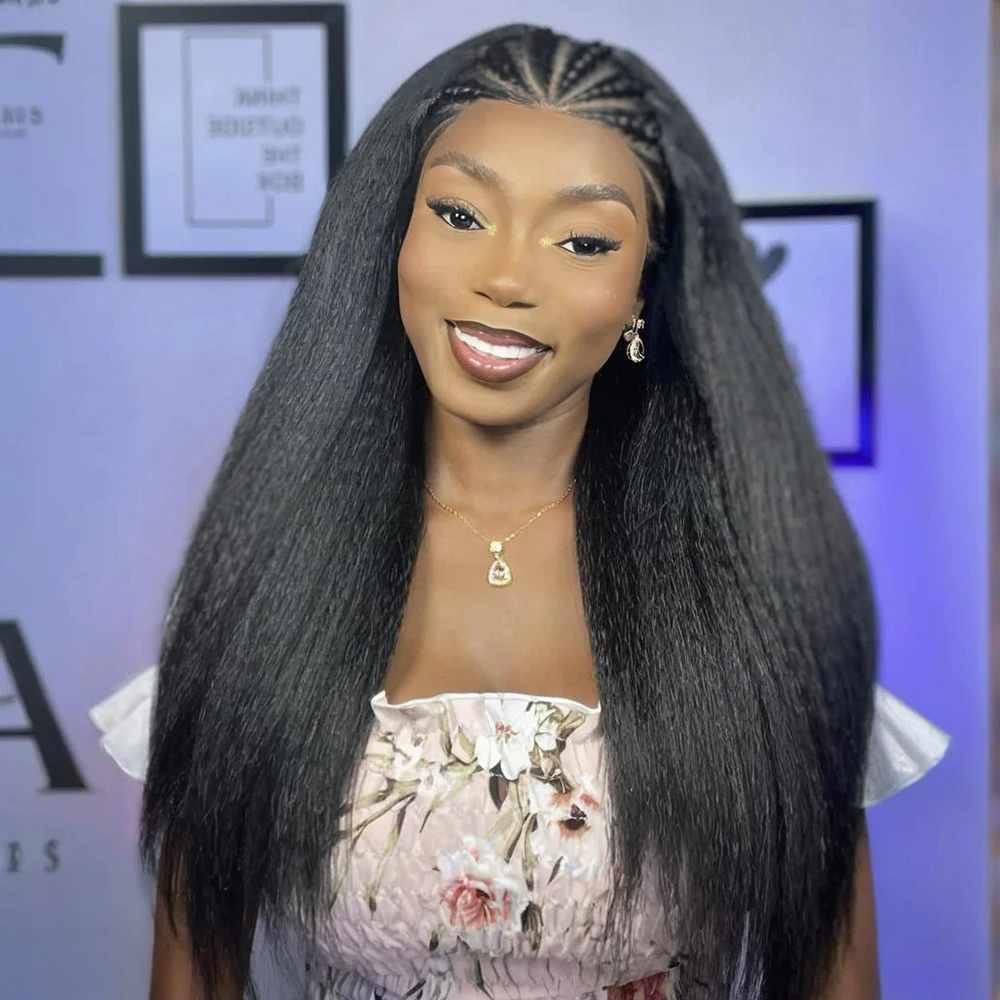 

V Part Kinky Straight Human Hair Wig For Women 200 Density 32 Inches Machine Made Natural Looking Breathable Comfortable Daily