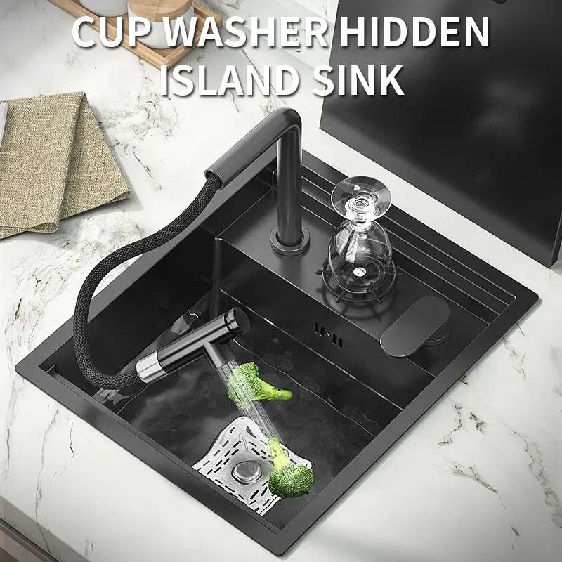 

Hidden sink Black Washbasin Nano Stainless Steel sink Multi function Kitchen Sink Single Bowl Small Basin sink faucet