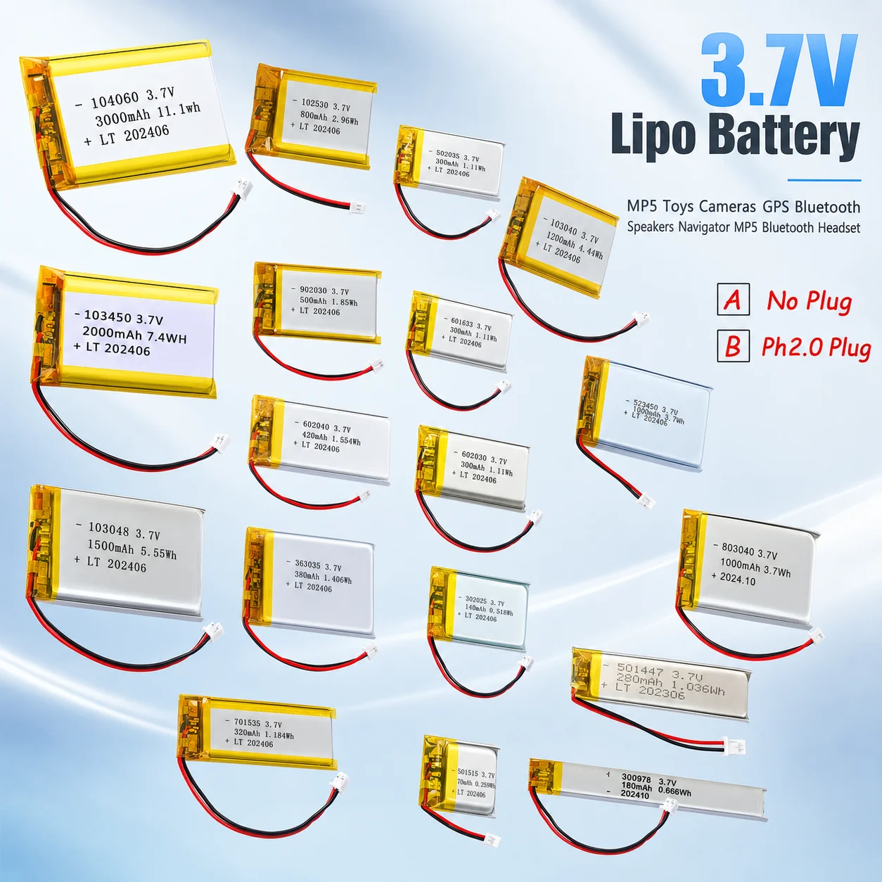 Lithium Polymer BatteryRechargeable 3.7V LiPo Battery with PH2.0 Plug For PS4 GPS MP3 MP4 Bluetooth Speaker Camera Smart Watch