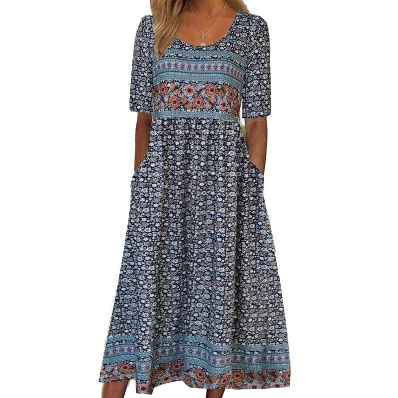 Elegant Boho Printed Dress Women O-neck Short Sleeve Pleated Large Hem Dress Summer Casual Holiday Female High Waist Long Dress