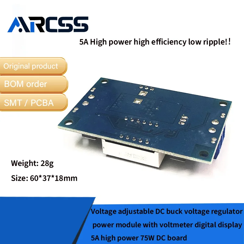 وحدة طاقة منظم جهد تيار مستمر قابلة للتعديل مع شاشة ديجيتال الفولتميتر 5A عالية الطاقة 75 وات لوحة تيار مستمر