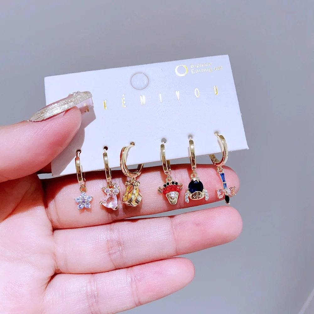 1 SET Muiticolor Cubic Zirconia Sweet Cartoon Animals Huggie Hoop Earrings for Women Girls Gold Color Jewelry