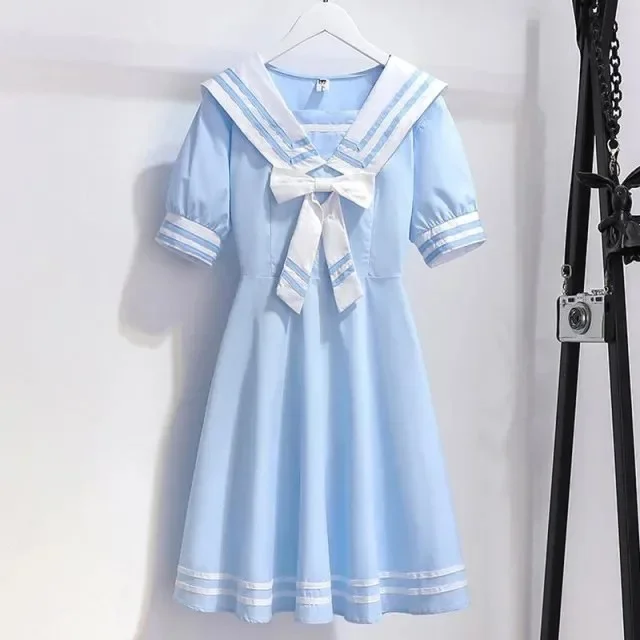 2024 Summer New retro Girls long party Dress Cotton bow Sailor Collar Teens striped JK Patchwork Clothes Toddler 8 to 10 12 year