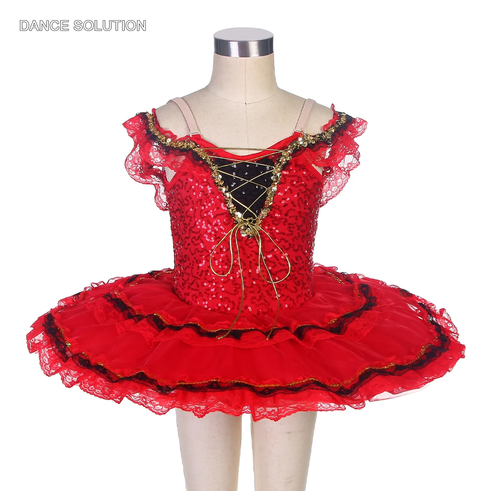 

Red Off-shoulder Ballet Tutu Dress Sequin Spandex Bodice Ballet Stage Performance Costumes for Girls Low Back Dancewear 17052