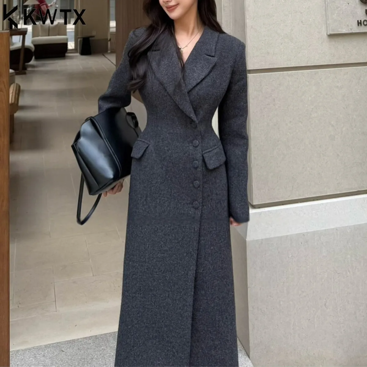 

KWTX 2025 Новое женское шерстяное пальто, длинный плащ из 100% шерсти, однобортный утолщенный элегантный повседневный пиджак, осенне-зимняя мода