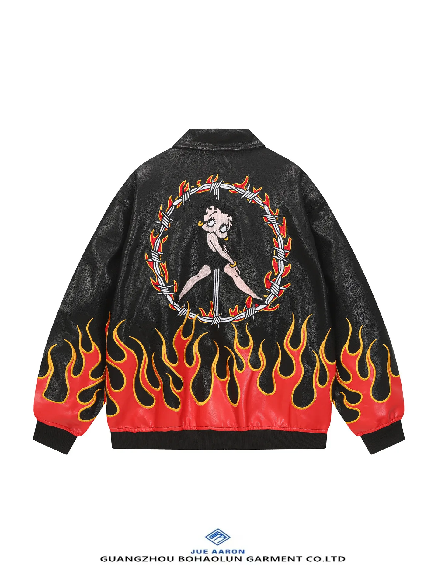 

JueAaron American Sle Loose Fit Flame Embroidery Contrast Color Collar Leather Jaet Motorcycle Couples Outerwear