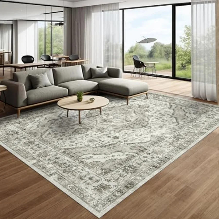 

Washable 8x10 area rug for living room boho vintage distressed non-slip carpet in cream, aesthetic print, soft durable fabric
