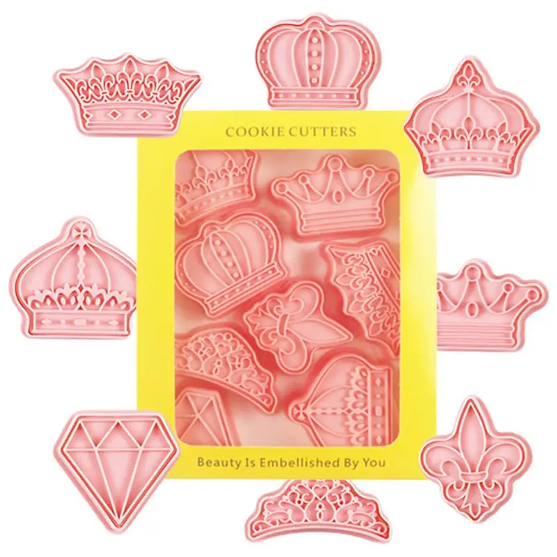 Crown Cookie Biscuit Cutters Princess Crown Cookie Cutter 3D Stamp Biscuit Molds 8PCS Princess Crown Series Fondant Baking Molds