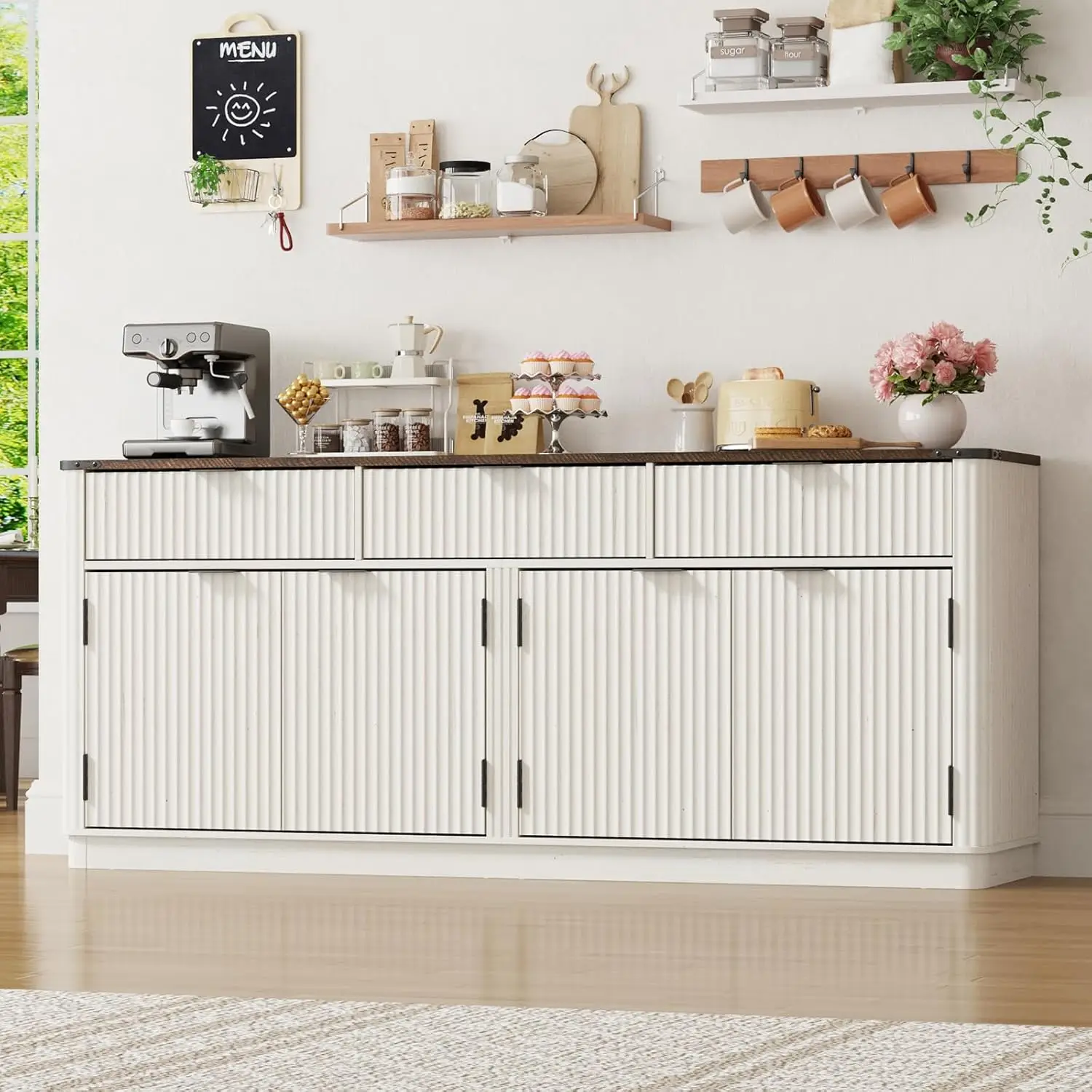 70” Large Curved Buffet Cabinet with 3 Storage Drawers,Kitchen Fluted Sideboard Cabinet w 4 Door Shelves,w, Customized