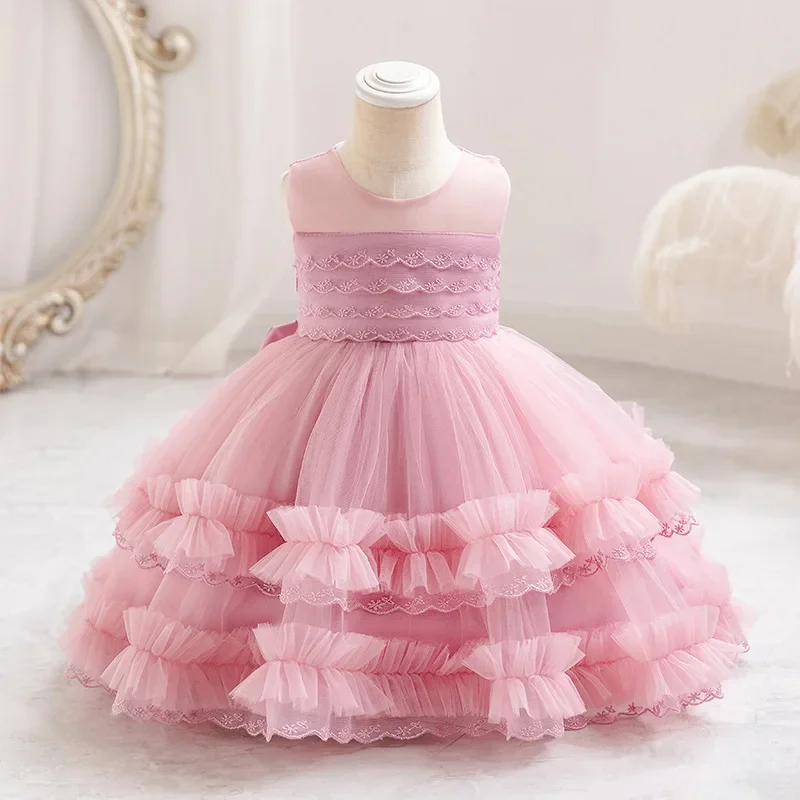 

Baby Girl Gown Flower Lace Layers Dress for Girls Tutu Fluffy First Birthday Party Wedding Graduation Kids Clothes 0-3Y