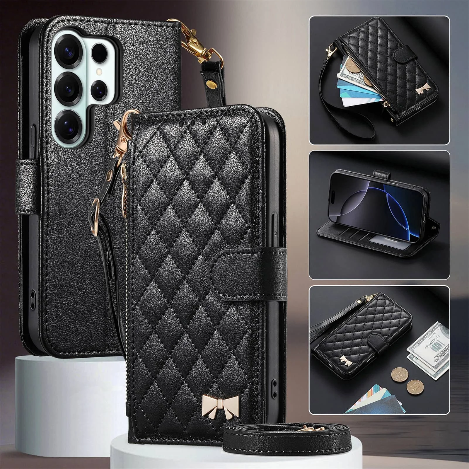 Wallet Crossbody Case for Samsung Galaxy S26 S25 S24 S23 FE S22 Ultra, Quilted Flip Zipper Card Holder with Strap Lanyard Cover