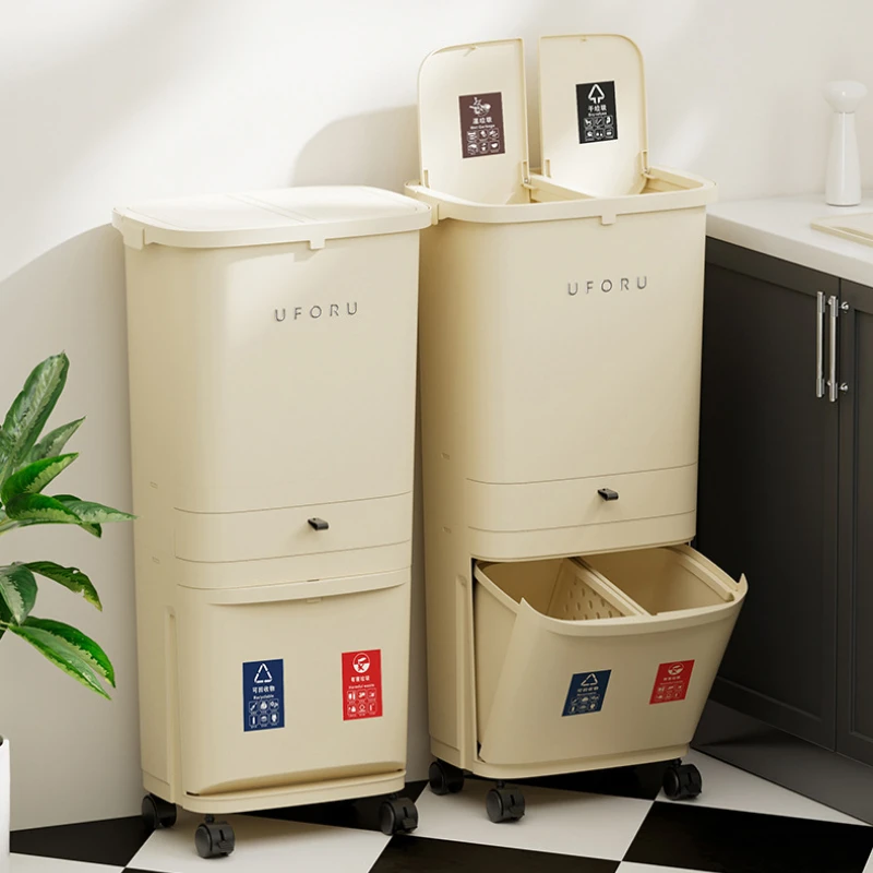 

Kitchen Trash Can Multi-Layer Dry Wet Separation Large Press-Type Bin with Pulleys Home Garbage Storage Mobile Waste