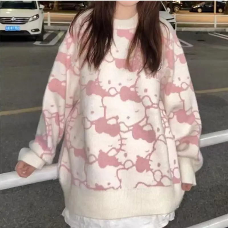 Kawaii مرحبا كيتي سترة سانريو فتاة الرجعية الخريف والشتاء معطف كلية نمط الحياكة سترة سترة جديدة الكرتون فضفاض Y2K