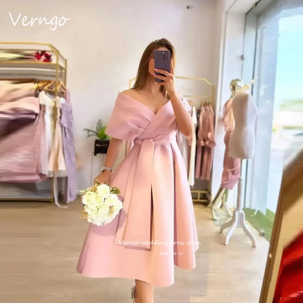 

Verngo Elegant Blush Pink A Line Evening Party Dresses Off the Shoulder Sleeves Arabic Women Blue Tea Length Formal Gowns