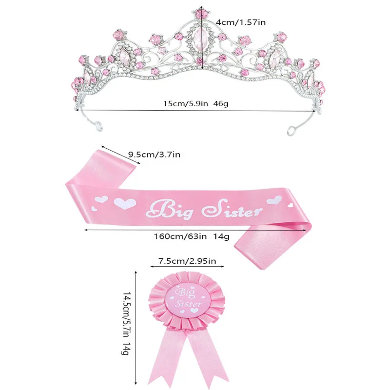 3pcs Big Sister Sash Ribbon Badge and Tiara Crown Set for Girls Birthday Baby Shower Big Sister To Be Party Supplies Decorations