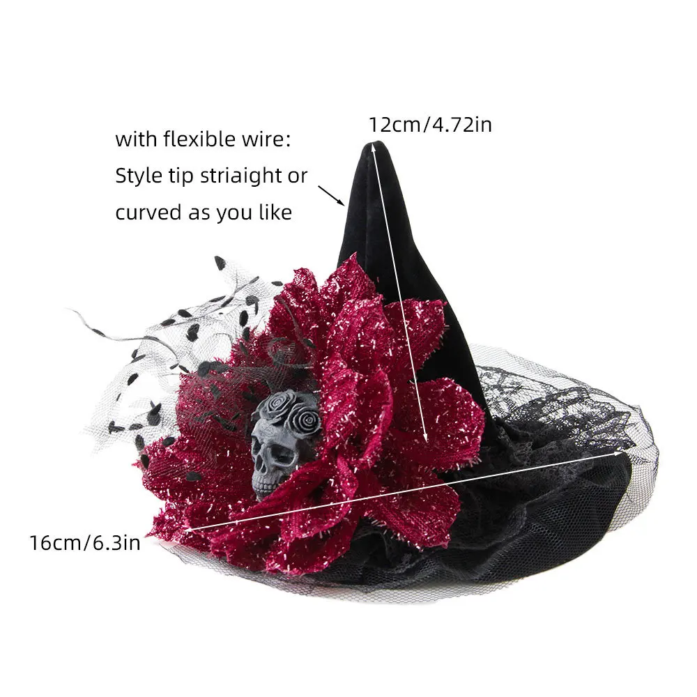 Retro Gothic Mini Witch Hat Hair Clip Skull Accent Glittery Red Flower Lace Trim For Halloween Cosplay Masquerade Party Costume - view 4