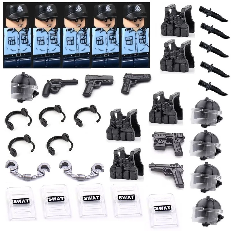 Mini City Hong Kong PTU Police Soldiers Figure Military Guns Building Block SWAT Weapon Model MOC Brick For Kids Parts Toys