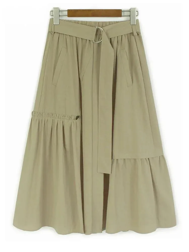 

High Elastic Waist Khaki Pleated Belted Drawstring A-line Half-body Skirt Women Fashion New Spring Autumn