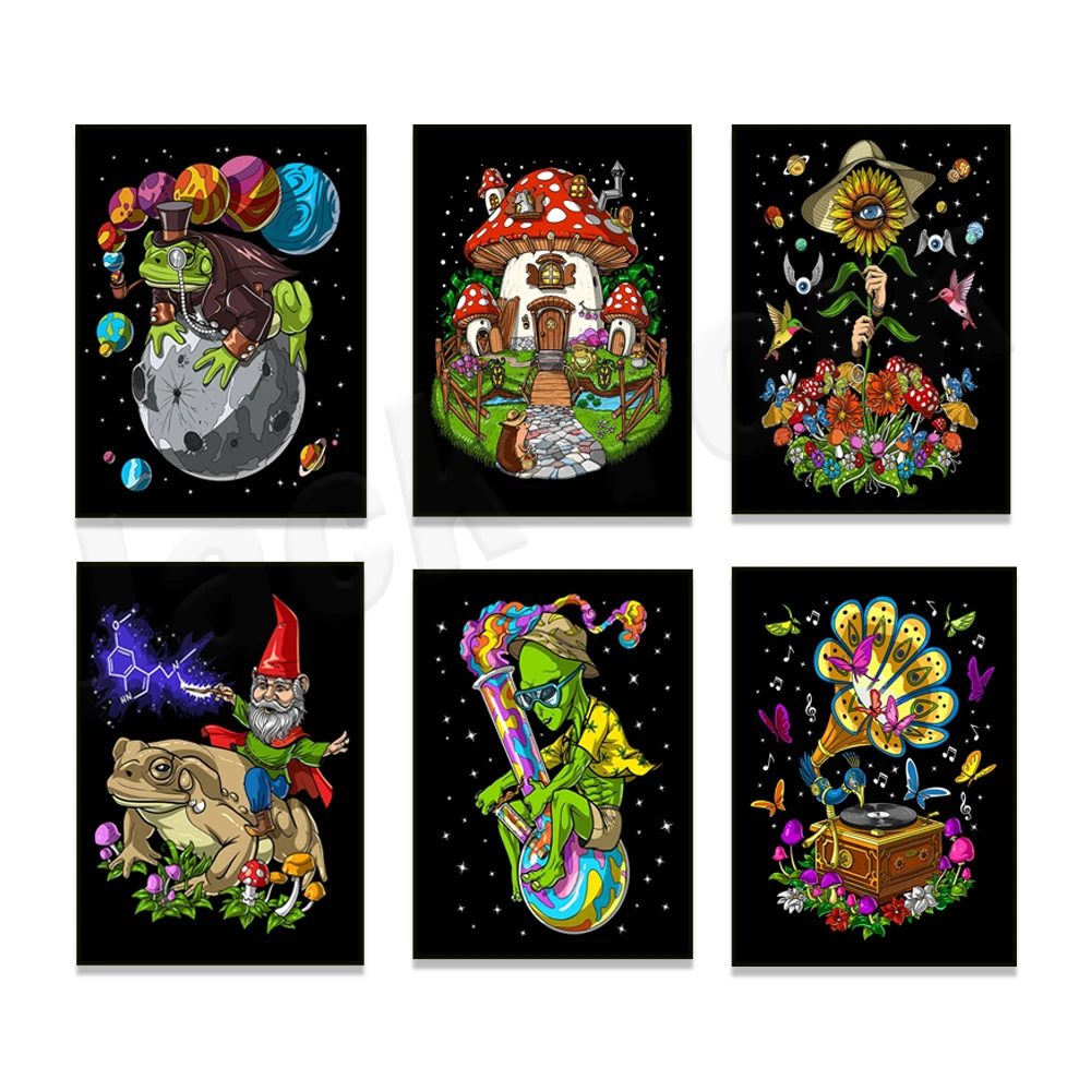 Psychedelic Alien Weed Pipe Poster, Psychedelic Frog, Magic Mushroom, Skull, Skeleton Playing Guitar, Stoner Art, Hippie Gift