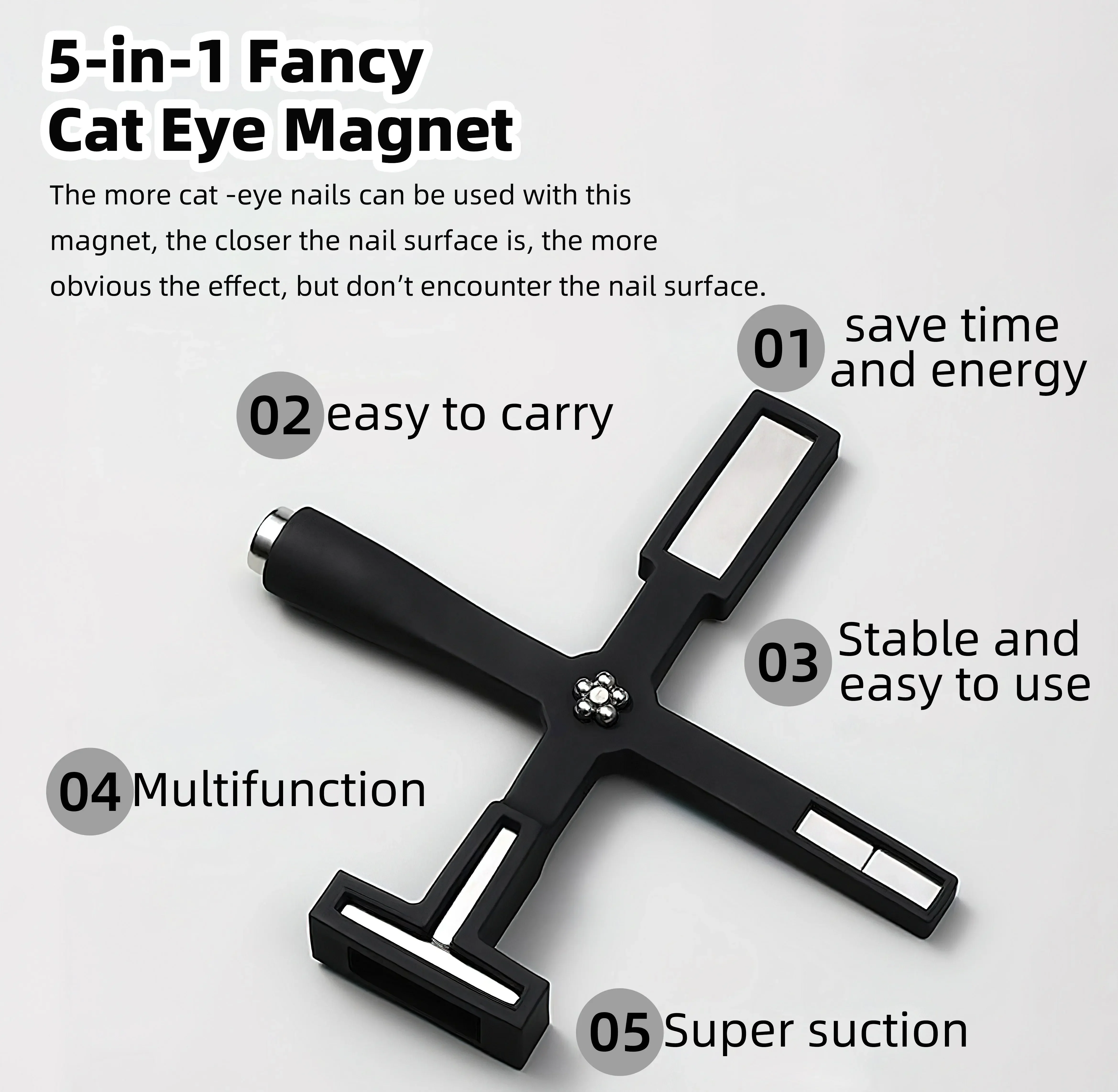 5-IN-1 Fancy Cat Eye Magnet Black Cross-shaped Strong Magnet Multi-functional Cat Eye Nail Polish Glue Iron Stone Nail Art Tool