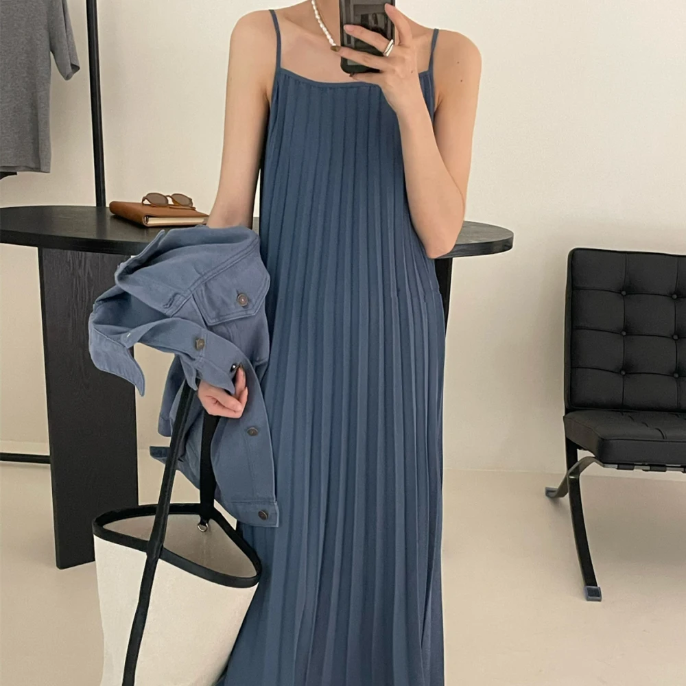 Women\'s Spring Summer Long Folds Dress 2023 Spaghetti Strap Sleeveless Midi Pullover Robe Evening Sundress