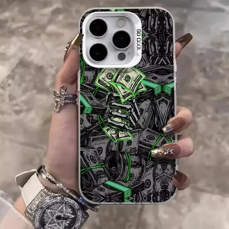Trendy Geld Skeleton Hand Matte Telefon Fall Für iPhone 17 16 15 14 13 12 11 Pro Max XS XR 7 8 Plus 16E 16Pro Laser Harte PC Abdeckung – Detail 4