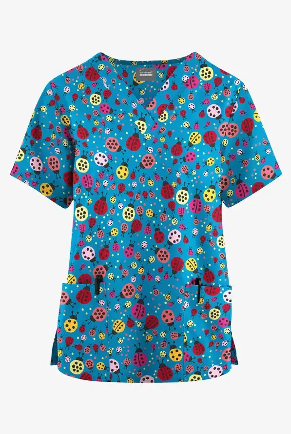 فستان جراحي لطيف للنساء مع فستان سرير بيطري أنيق مطبوع برقبة على شكل حرف V وأكمام قصيرة للنساء