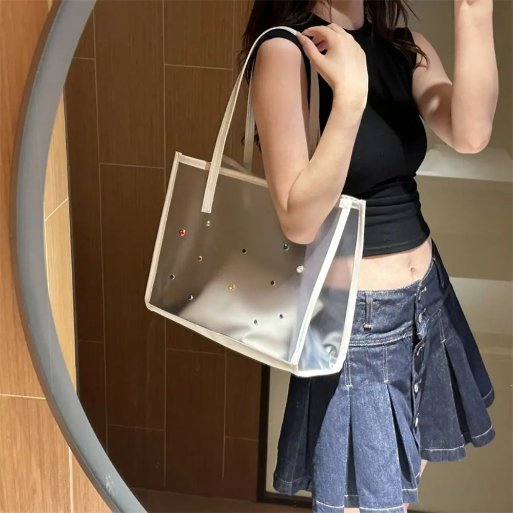 

2pcs/set Portable Summer Transparent Totes Bag Waterproof Beach Jelly Shoulder Bag Swim Large Capacity Shopping Bag For Women