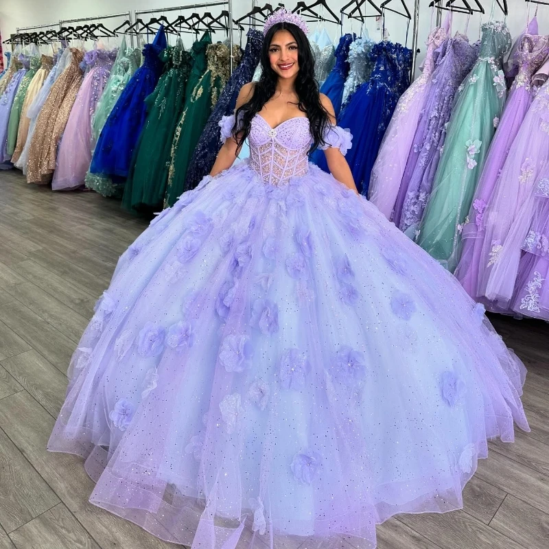 

Сиреневое блестящее платье для Quinceanera, бальное платье с открытыми плечами, украшенное бусинами, Цветочный Тюль, корсет для вечеринки на день рождения, милое платье на 15 лет