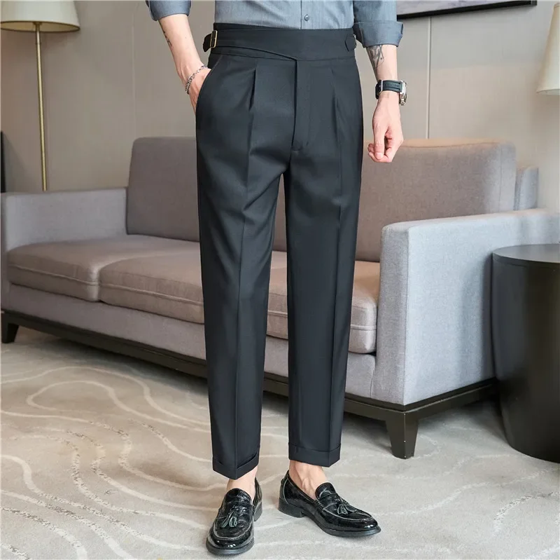 High Waisted Dress Pants 2024 Autumn British Style Solid Casual Trousers Elastic Slim Fit Formal Suit Pants Fashion Men Clothing